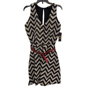 Want And Need Chevron Sleeveless Dress Women XS Black/White With Red Belt